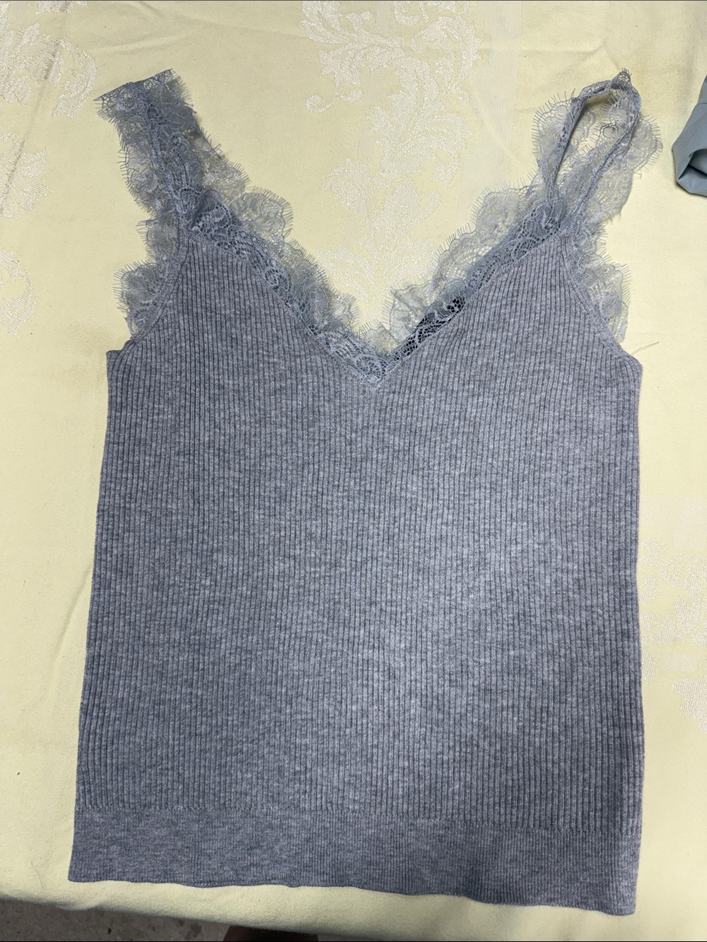 LOFT Gray Lace-Trim Ribbed Cami Top